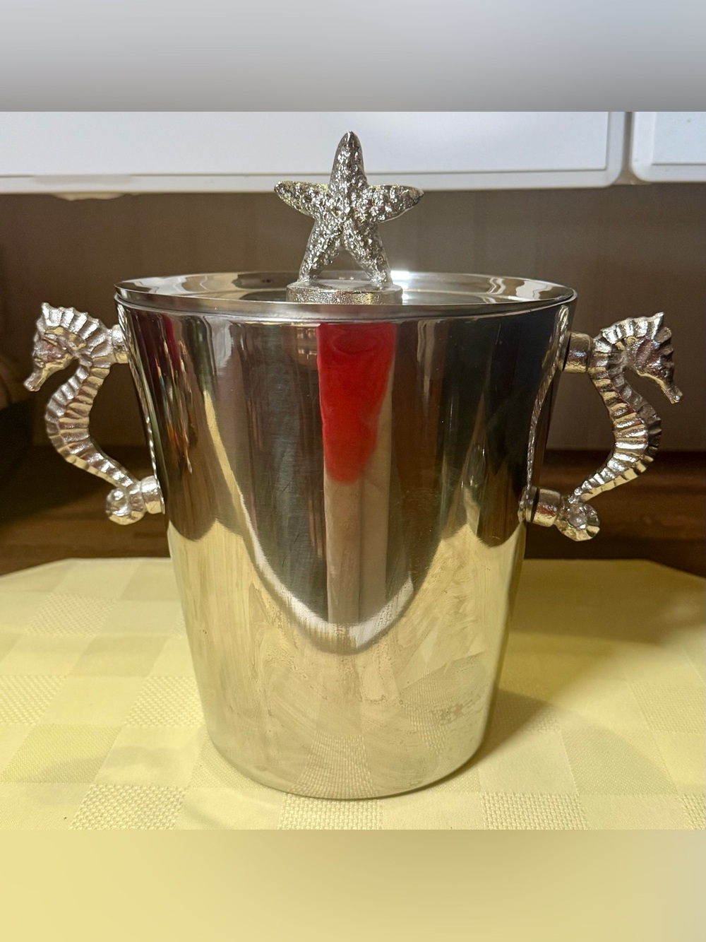 Pier One 1 Stainless Seahorse Handles & Starfish Lid Ice Bucket Coastal Decor 7”